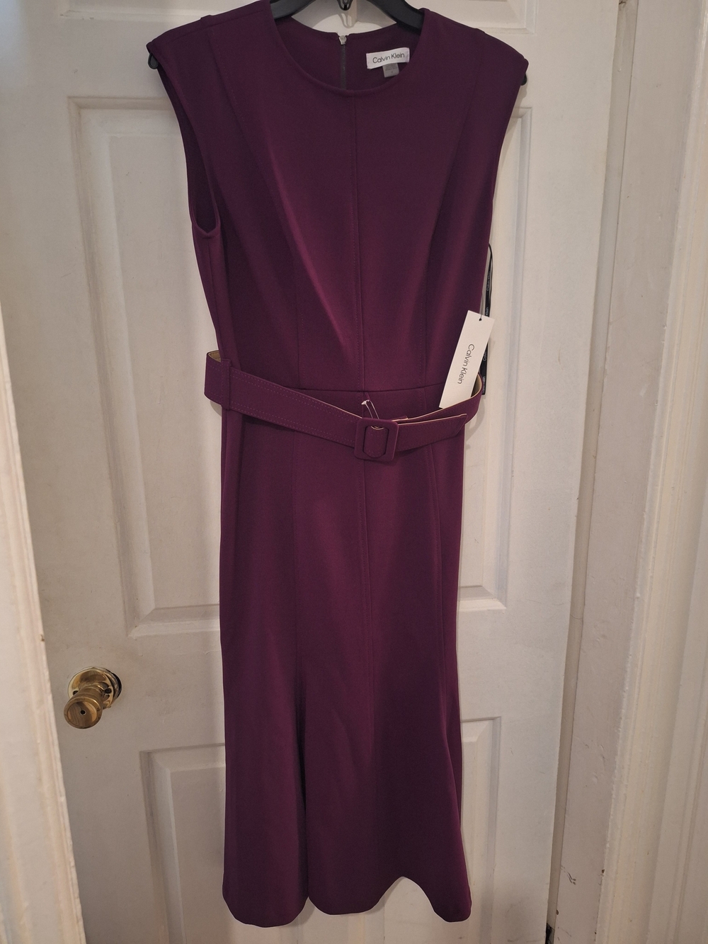 Size 4 CALVIN KLEIN Plum  Belted Sheath Midi Dress